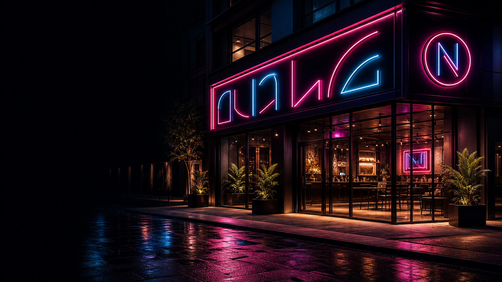 Neonque premium signage studio storefront at night